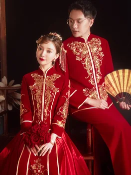 Elegante Noiva Casar de Vestido de Lantejoulas Beading Bordado Cheongsam Chinês Tradicional Casal de Casamento Terno китайская одежда