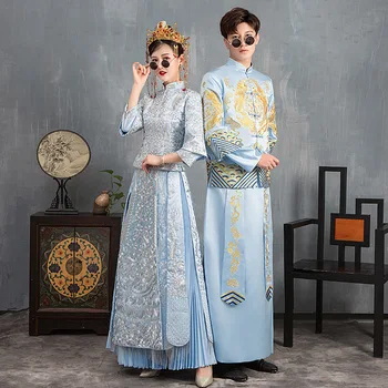 Bordados Requintados Casamento Qipao Azul Fêmea Homens Chineses Casamento Cheongsam Tang Terno Flor Elegante Asiático Vestido De Noiva Vestido