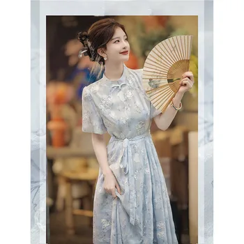 Alta Qualidade De 2023 Novas Mulheres Cheongsam Vestido Bordado Elegante Longo Qipao Chinês Do Estilo Do Vestido De Casamento De Moda Azul