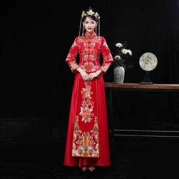 Chinês Tradicional Cheongsam Bordado Vestido De Noiva Vintage Vermelho Clássico Qipao Moda Elegante Engajamento Xiuhe