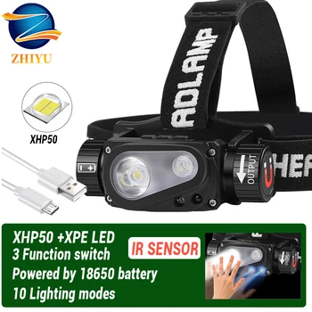 XHP50 Farol de LED, Sensor de Farol Lanterna 18650 Recarregável USB Exterior Lâmpada da Cabeça de Tocha de 10 Modos de Iluminação de luzes de Trabalho