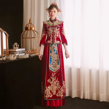 Oriental Tradicional Chinesa Casal Vestido De Noiva Qipao Requintado Bordado De Lantejoulas Casamento Brinde Cheongsam Vestidos