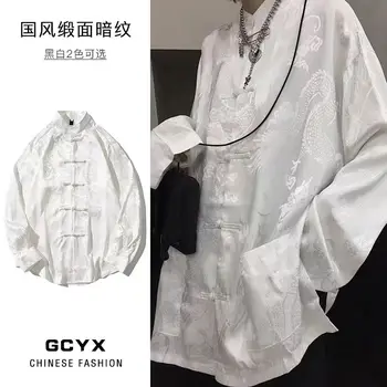 2023 Verão de Estilo Chinês, o Dragão Fivela Jacquard Solta Tang Terno parte Superior da Camisa dos Homens Plus Size S-3xl Goth Moda Casal Blusa