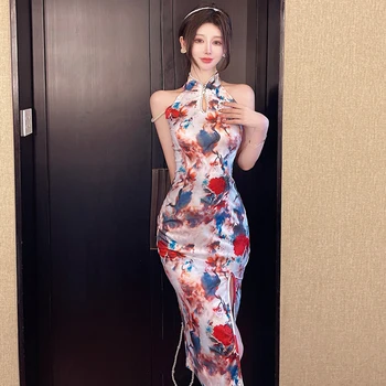 As Mulheres De Estilo Chinês De Impressão Dividir Cheongsam Francesa De Moda Retrô Sexy Slim Qipao Senhora De Festa Elegante Vestido De Noite Vestidos Vintage