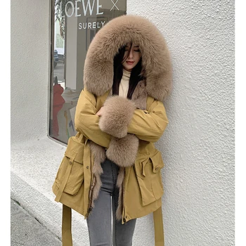 2021 Solta Pêlo Longo Naturais Real Fox Fur Collar Real Forro De Pele Parkas Moda Nova Do Inverno Das Mulheres Jacke Moda De Nova Demão