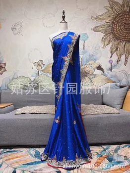 Étnicos Tradicionais, As Mulheres Vestido De Pura Artesanal Bordado Vestido De Noiva Paquistão Azul Decalque Lengha