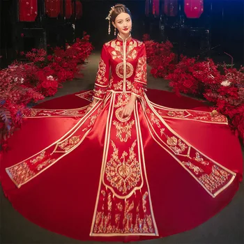 Bordados requintados Esferas de Borla Chinês Tradicional Cheongsam Casal Casamento Terno Elegante Noiva Casar de Vestido de китайская одежда