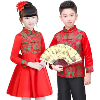 2023 Tang Terno Ano Novo Chinês Tradicional Criança Menino Menina Roupas De Bordados Crianças Estágio Festival Festa Oriental Hanfu Roupas