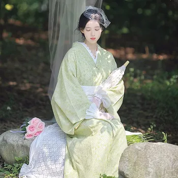 Alto Grau De Rendas Modificado Quimono Yukata Com Bolsa E Meias Vintage Vestido De Abacate Verde Absorvente E Respirável