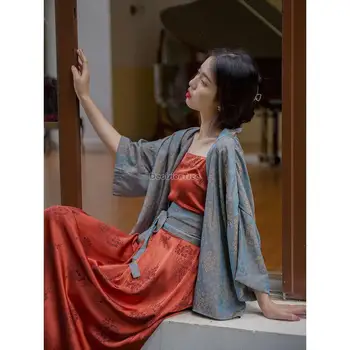 2023 retro chinês melhorado antiga hanfu estilo solto casaco longo impresso vestido de duas peças de conjunto para as mulheres diário hanfu vestido g926