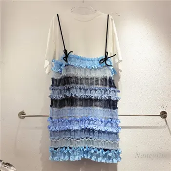 2023 Verão de Duas peças de Conjunto de Vestido das Mulheres de Malha Lace Vestido de Alça + T-shirt Manga Curta Feminino coreano Estilo Solto Bolo de Vestido