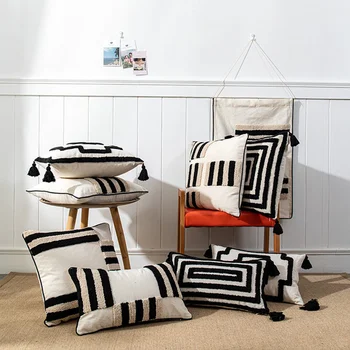 Simples tufados jogar travesseiro linha círculo pilha capa de almofada de canto 4 de borla decorativas, almofada de sofá de casa, decoração de almofadas