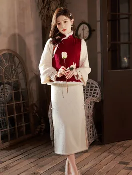 Chinês Melhorado Retrô Elegante Vestido Longo Qipao Mulheres Do Vintage Inverno Grosso Rebbit Bordado Cheongsam Com Colete