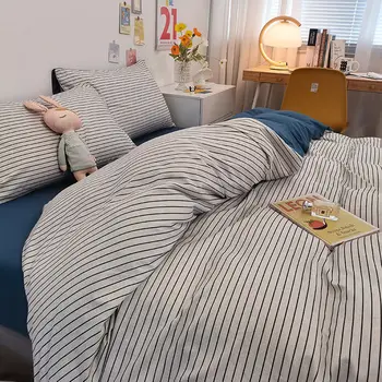 Japonês-estilo simples lavado roupa de cama de algodão, de quatro a peça de capa de edredão, lençóis, dormitório estudantil