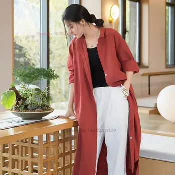 2023 chinês vintage proteção contra o sol, roupas de mulheres retro nationat trench coat roupa de cama de algodão casaquinho solto meditação outerwear