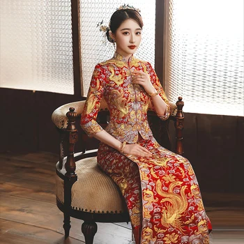 Dragão e Phoenix Bordado de Roupas de Estilo Chinês Clássico Vestido de Noiva Vestido de Noiva