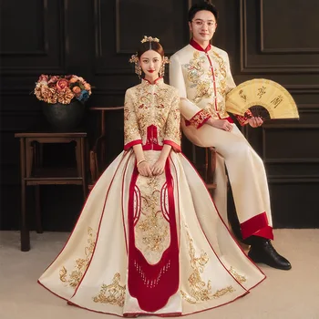 Casal Champanhe Vintage Lantejoulas Beading Qipao Chinês Do Estilo Do Vestido De Casamento De Dragão Bordado Cheongsam Casamento Terno