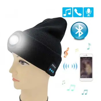Fone de ouvido Bluetooth Inverno Chapéu de Gorro de Malha de farol de Luz Quente Recarregável USB unisex música tampão Auricular para andar de bicicleta patinação