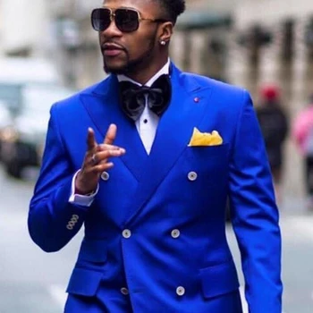 Azul Royal Homens Ternos para Casamento Double Breasted Groomsman Smoking Slim Fit Moda Africana Jaqueta com Calças Noivo Desgaste 2023