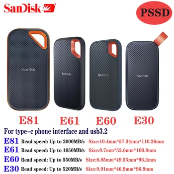 SanDisk100% Externo Portátil PSSD 480GB 520MB/s Unidade de disco Rígido Externa USB 3.1-Tipo C de 1 tb 2 TB Disco de Estado Sólido Para o Portátil da área de Trabalho