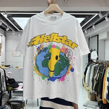 Hellstar Novo Verão A Terra Sorriso No Rosto Impresso 100% Algodão Manga Curta T-Shirts Para Os Homens E Mulheres
