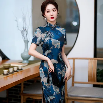 2023 a Primavera e o Outono Novo Meados de comprimento Dividida Cheongsam Estilo Chinês Melhorado Cheongsam Slim-fit Banquete, o Vestido Azul-Escuro Qipao