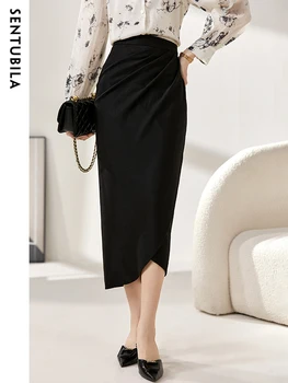 Sentubila Elegante Midi Saia Preta para as Mulheres 2023 Moda Verão Basic Office Lady Assimétrica Ruched Saias de Vestuário Feminino